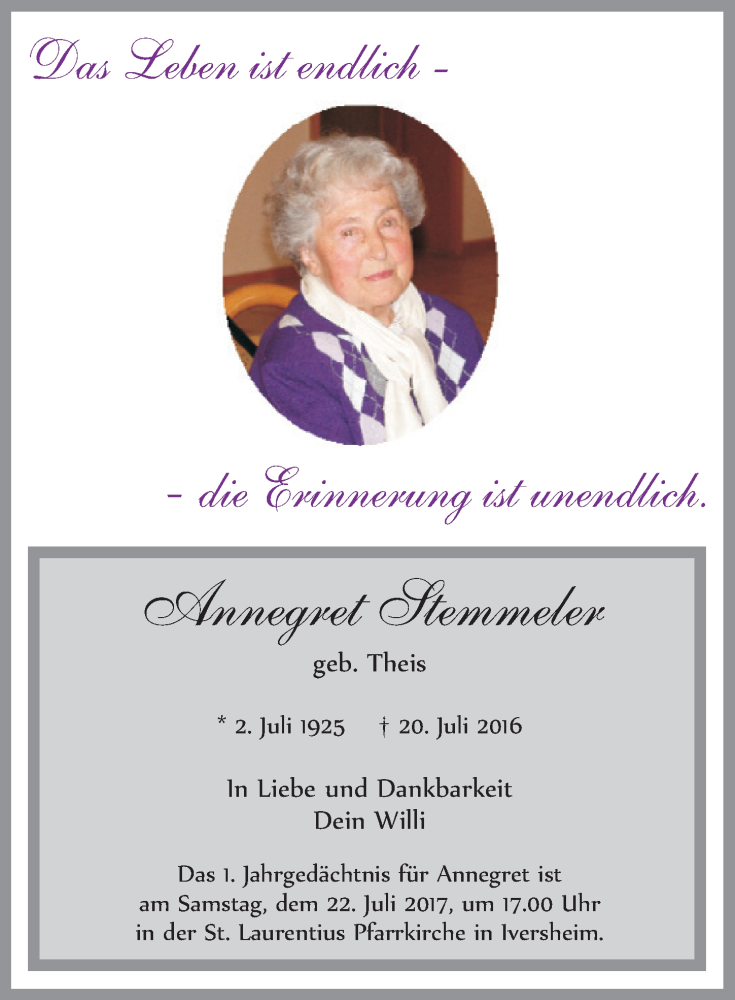  Traueranzeige für Annegret Stemmeler vom 15.07.2017 aus  Blickpunkt Euskirchen 