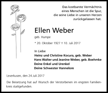 Anzeige von Ellen Weber von Kölner Stadt-Anzeiger / Kölnische Rundschau / Express