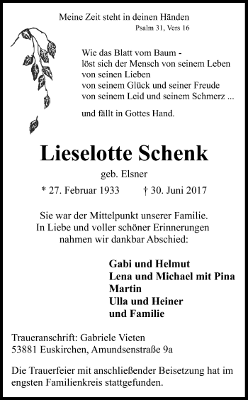 Anzeige von Lieselotte Schenk von Kölner Stadt-Anzeiger / Kölnische Rundschau / Express