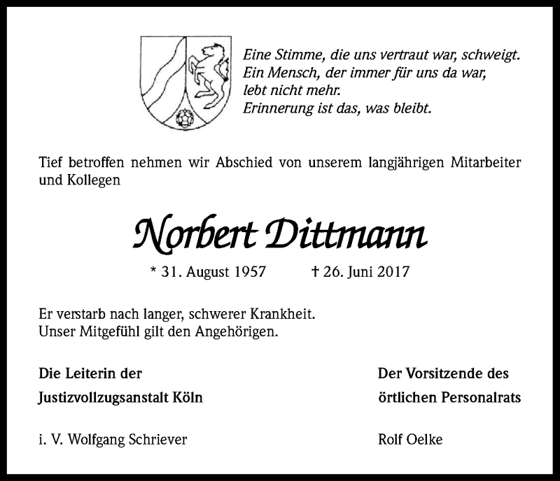  Traueranzeige für Norbert Dittmann vom 08.07.2017 aus Kölner Stadt-Anzeiger / Kölnische Rundschau / Express