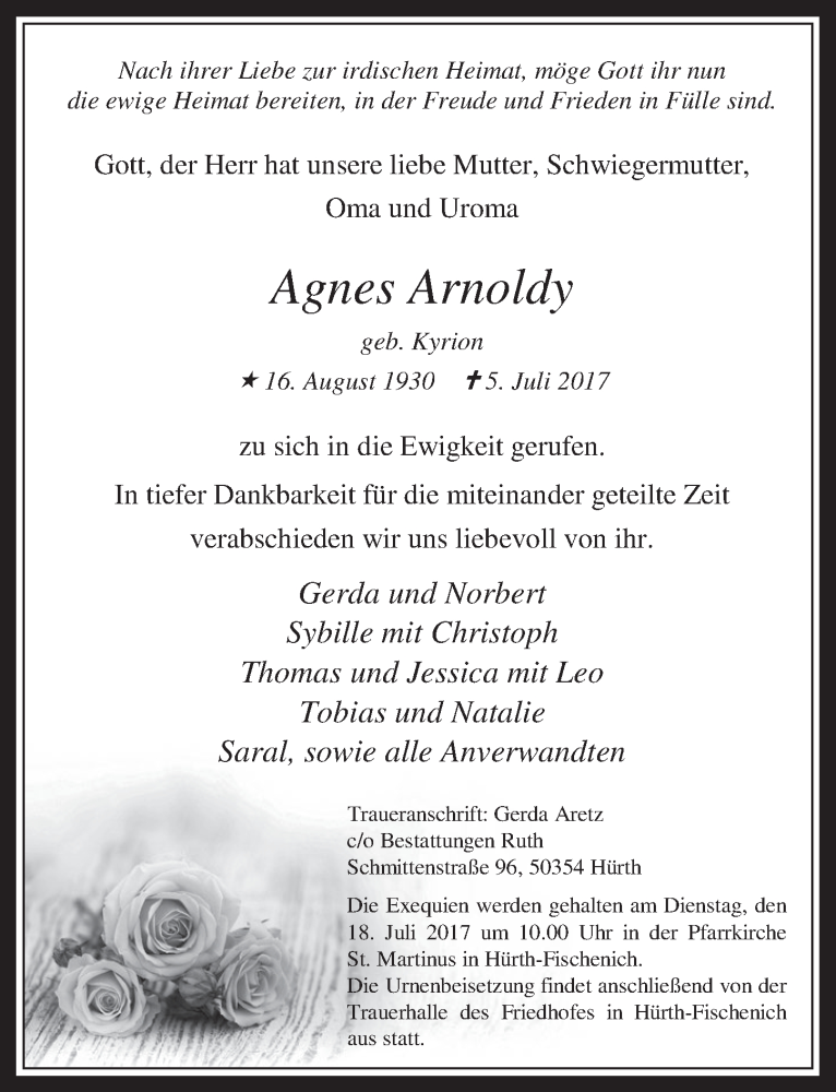  Traueranzeige für Agnes Arnoldy vom 12.07.2017 aus  Wochenende 