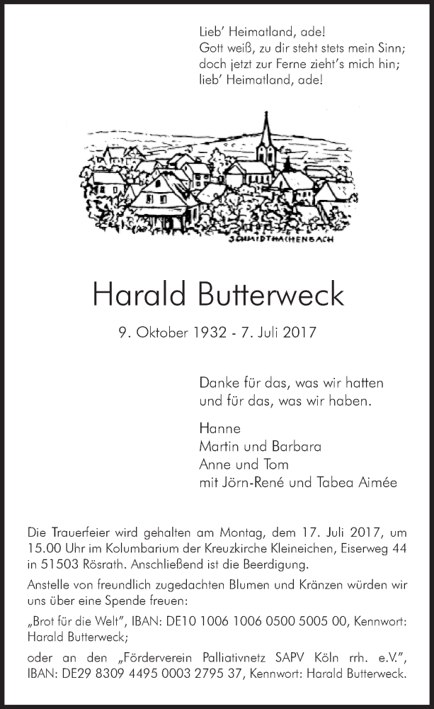 Traueranzeige für Harald Butterweck vom 12.07.2017 aus  Bergisches Handelsblatt 