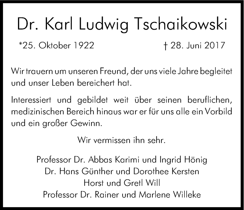  Traueranzeige für Karl Ludwig Tschaikowski vom 05.07.2017 aus Kölner Stadt-Anzeiger / Kölnische Rundschau / Express
