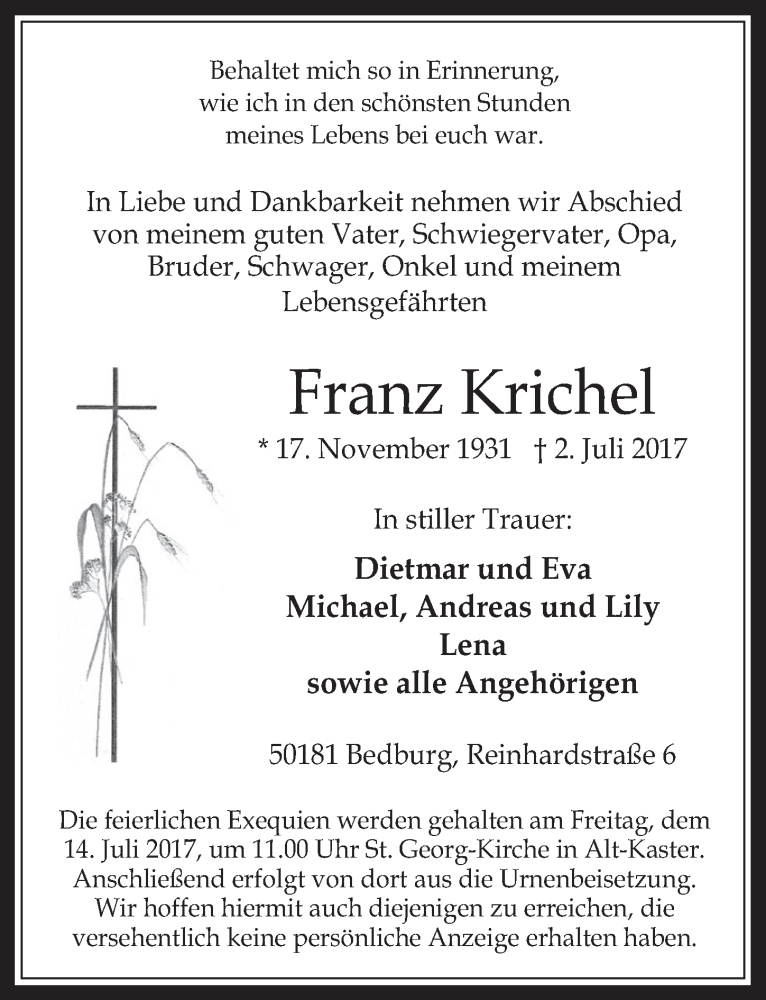  Traueranzeige für Franz Krichel vom 05.07.2017 aus  Werbepost 