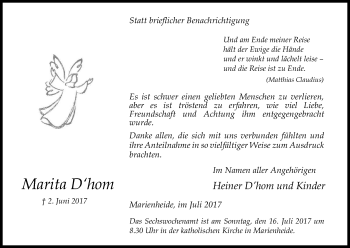 Anzeige von Marita D'hom von Kölner Stadt-Anzeiger / Kölnische Rundschau / Express