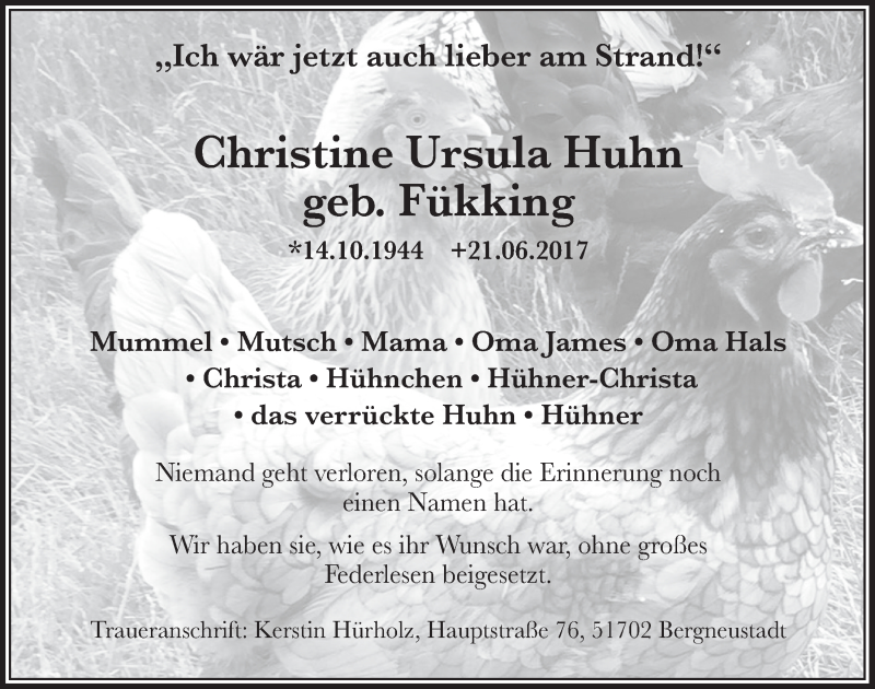  Traueranzeige für Christine Ursula Huhm vom 12.07.2017 aus  Anzeigen Echo  Lokalanzeiger 
