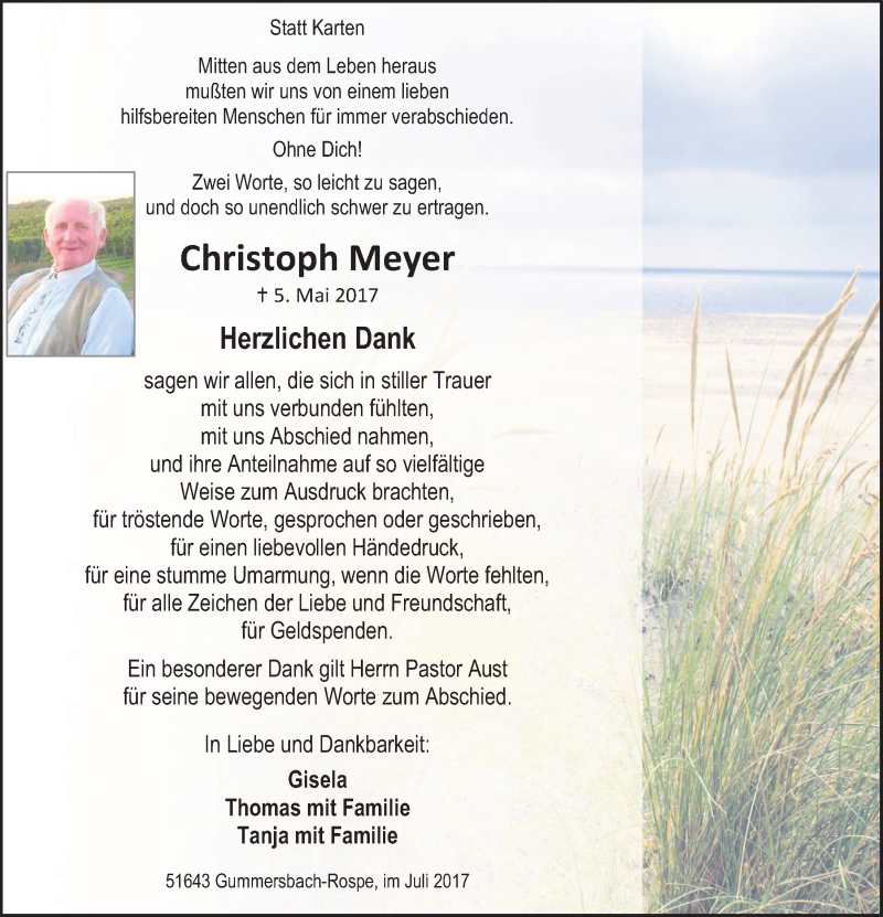  Traueranzeige für Christoph Meyer vom 12.07.2017 aus  Anzeigen Echo 