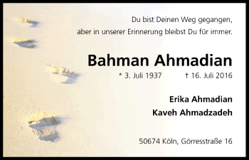 Anzeige von Bahman Ahmadian von Kölner Stadt-Anzeiger / Kölnische Rundschau / Express