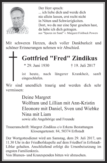 Anzeige von Gottfried Zindikus von  Werbepost 