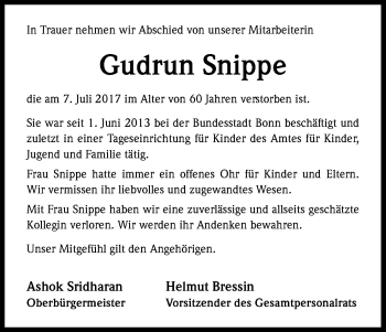 Anzeige von Gudrun Snippe von Kölner Stadt-Anzeiger / Kölnische Rundschau / Express