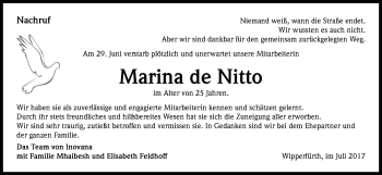 Anzeige von Marina de Nitto von Kölner Stadt-Anzeiger / Kölnische Rundschau / Express