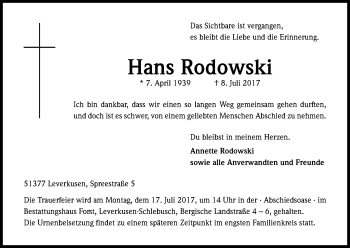 Anzeige von Hans Rodowski von Kölner Stadt-Anzeiger / Kölnische Rundschau / Express