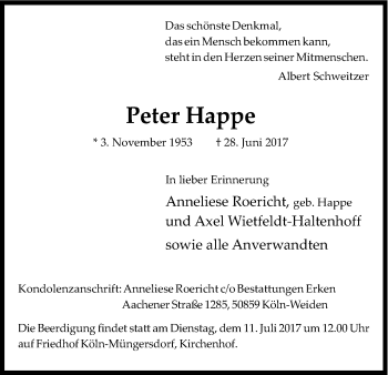 Anzeige von Peter Happe von Kölner Stadt-Anzeiger / Kölnische Rundschau / Express
