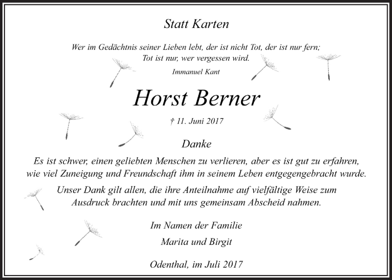  Traueranzeige für Horst Berner vom 19.07.2017 aus  Bergisches Handelsblatt 