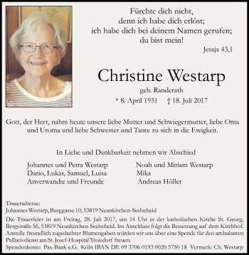 Anzeige von Christine Westarp von Kölner Stadt-Anzeiger / Kölnische Rundschau / Express