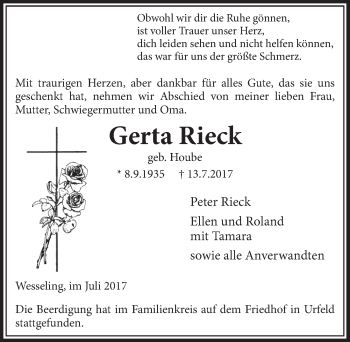 Anzeige von Gerta Rieck von  Schlossbote/Werbekurier 