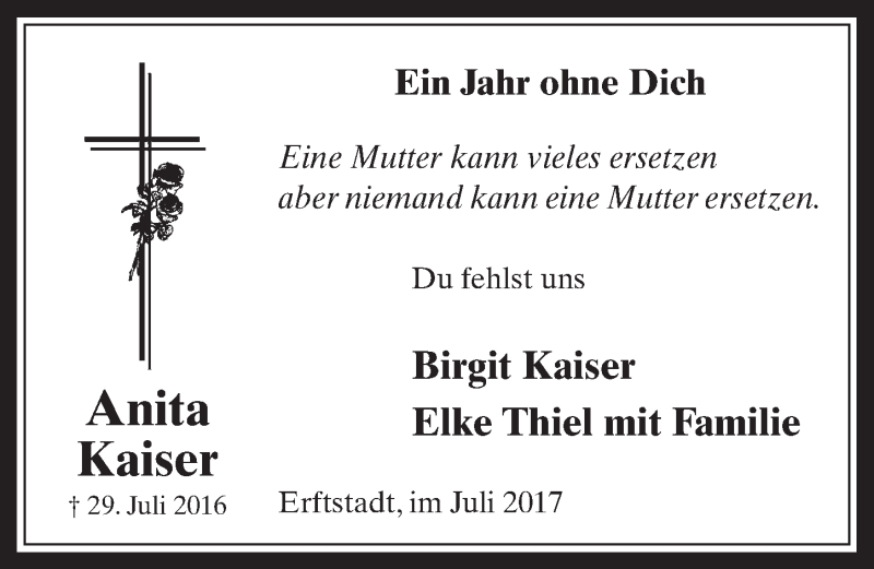  Traueranzeige für Anita Kaiser vom 26.07.2017 aus  Werbepost 