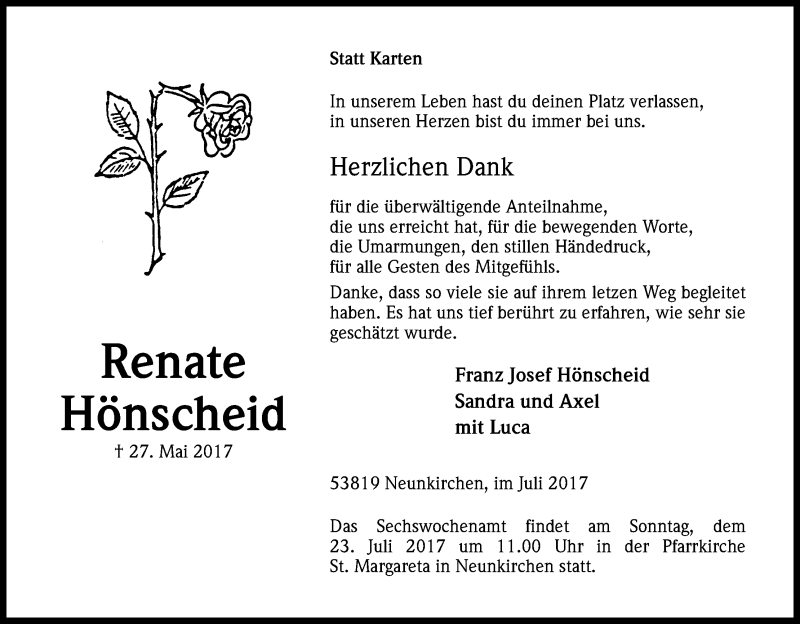  Traueranzeige für Renate Hönscheid vom 21.07.2017 aus Kölner Stadt-Anzeiger / Kölnische Rundschau / Express