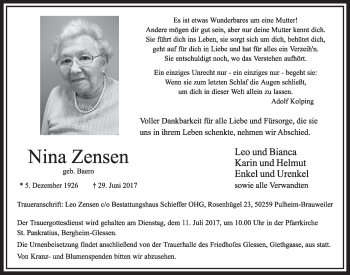 Anzeige von Nina Zensen von  Sonntags-Post 