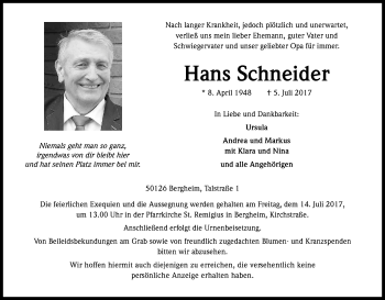 Anzeige von Hans Schneider von Kölner Stadt-Anzeiger / Kölnische Rundschau / Express
