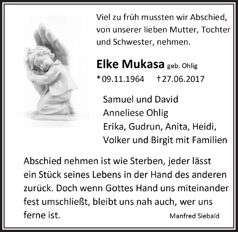  Traueranzeige für Elke Mukasa vom 05.07.2017 aus  Anzeigen Echo  Lokalanzeiger 