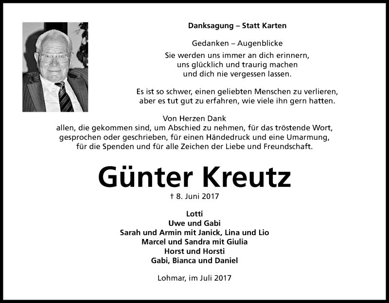  Traueranzeige für Günter Kreutz vom 15.07.2017 aus Kölner Stadt-Anzeiger / Kölnische Rundschau / Express
