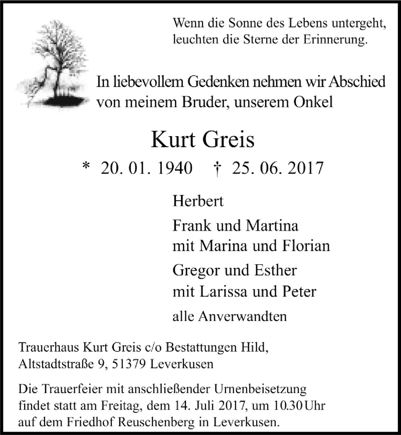  Traueranzeige für Kurt Greis vom 08.07.2017 aus  Leverkusener Wochenende 