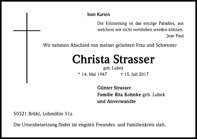  Traueranzeige für Christa Strasser vom 19.07.2017 aus Kölner Stadt-Anzeiger / Kölnische Rundschau / Express