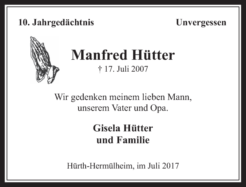  Traueranzeige für Manfred Hütter vom 19.07.2017 aus  Wochenende 