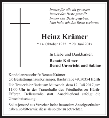 Anzeige von Heinz Krämer von  Wochenende 