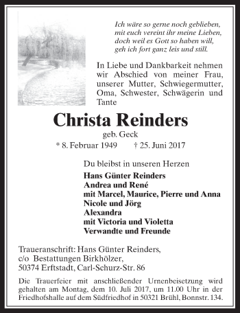 Anzeige von Christa Reinders von  Schlossbote/Werbekurier 