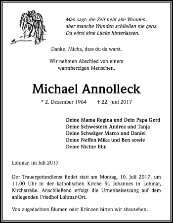 Anzeige von Michael Annolleck von Kölner Stadt-Anzeiger / Kölnische Rundschau / Express