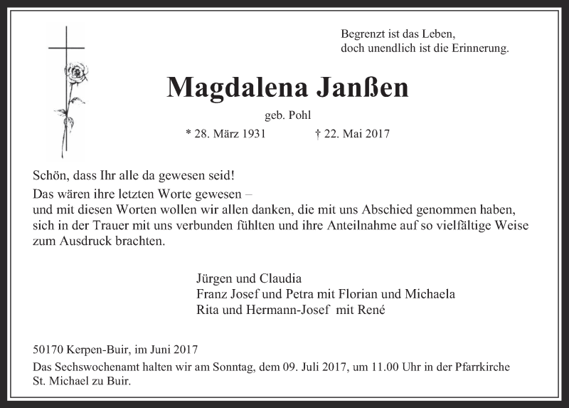  Traueranzeige für Magdalena Janßen vom 05.07.2017 aus  Werbepost 