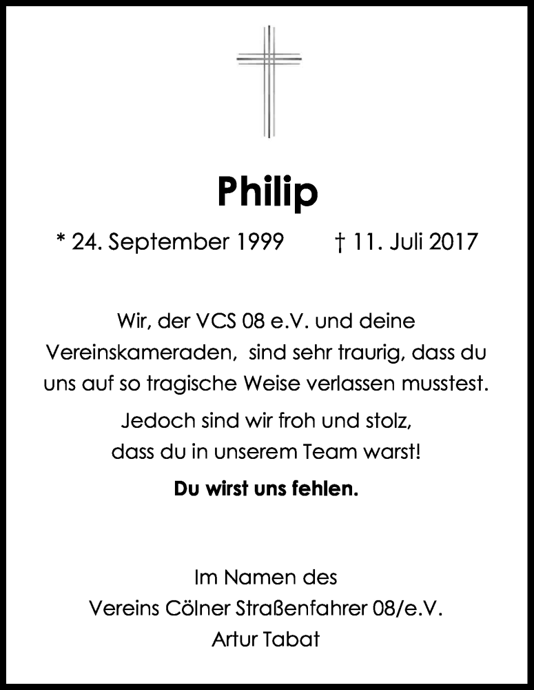  Traueranzeige für Philip  vom 20.07.2017 aus Kölner Stadt-Anzeiger / Kölnische Rundschau / Express