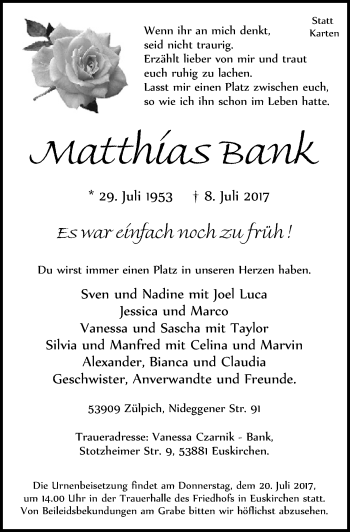 Anzeige von Matthias Bank von  Blickpunkt Euskirchen 