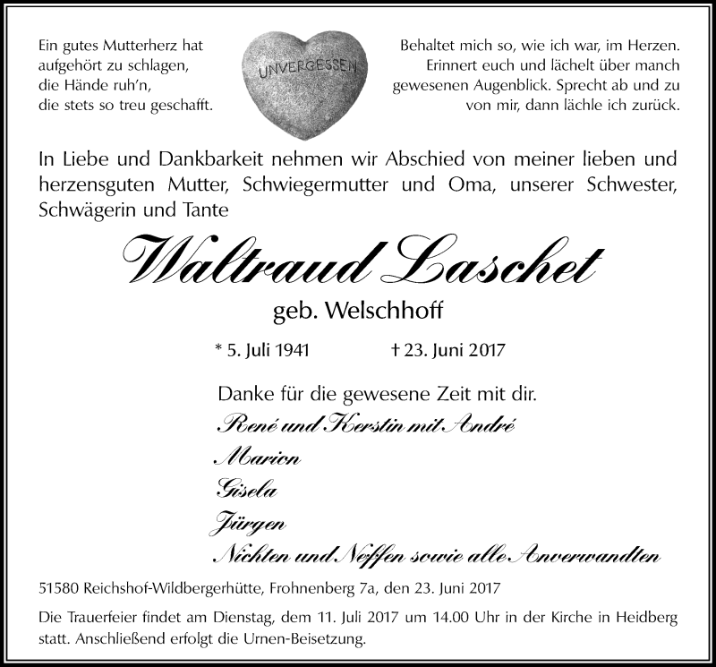  Traueranzeige für Waltraud Laschet vom 05.07.2017 aus  Lokalanzeiger 