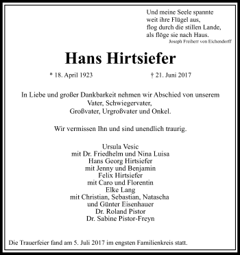 Anzeige von Hans Hirtsiefer von Kölner Stadt-Anzeiger / Kölnische Rundschau / Express