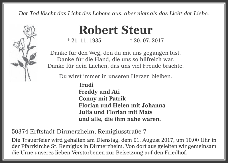  Traueranzeige für Robert Steur vom 26.07.2017 aus  Werbepost 