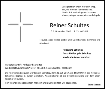 Anzeige von Reiner Schultes von Kölner Stadt-Anzeiger / Kölnische Rundschau / Express