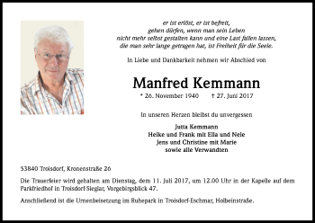 Anzeige von Manfred Kemmann von Kölner Stadt-Anzeiger / Kölnische Rundschau / Express
