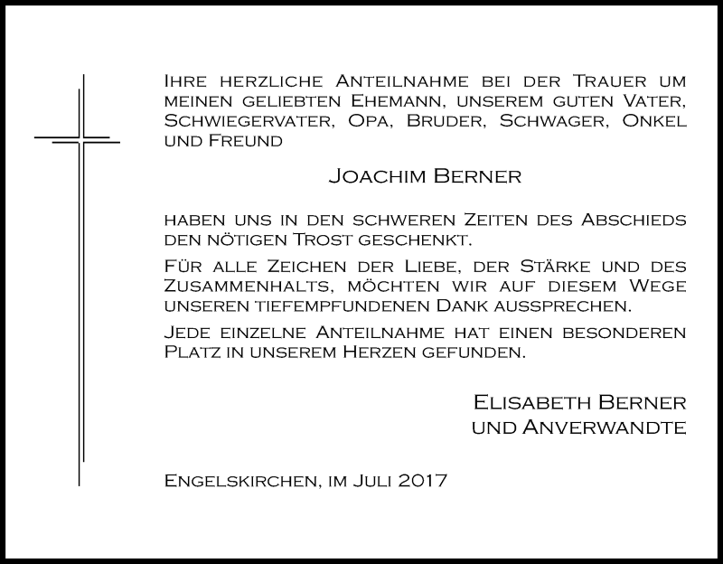  Traueranzeige für Joachim Berner vom 15.07.2017 aus Kölner Stadt-Anzeiger / Kölnische Rundschau / Express