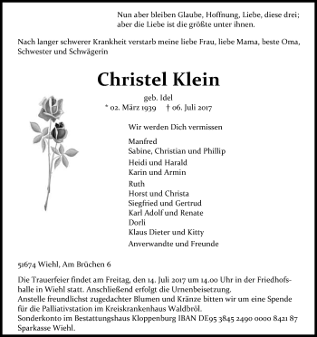 Anzeige von Christel Klein von Kölner Stadt-Anzeiger / Kölnische Rundschau / Express
