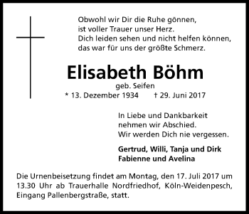 Anzeige von Elisabeth Böhm von Kölner Stadt-Anzeiger / Kölnische Rundschau / Express