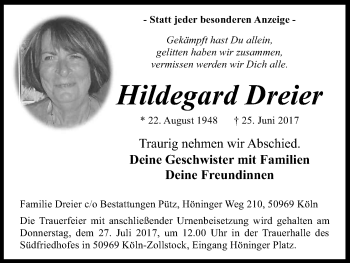 Anzeige von Hildegard Dreier von Kölner Stadt-Anzeiger / Kölnische Rundschau / Express