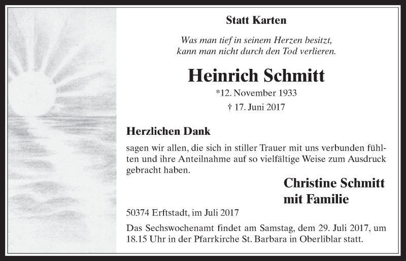  Traueranzeige für Heinrich Schmitt vom 26.07.2017 aus  Werbepost 