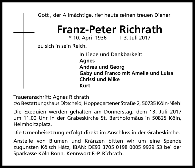  Traueranzeige für Franz-Peter Richrath vom 08.07.2017 aus Kölner Stadt-Anzeiger / Kölnische Rundschau / Express