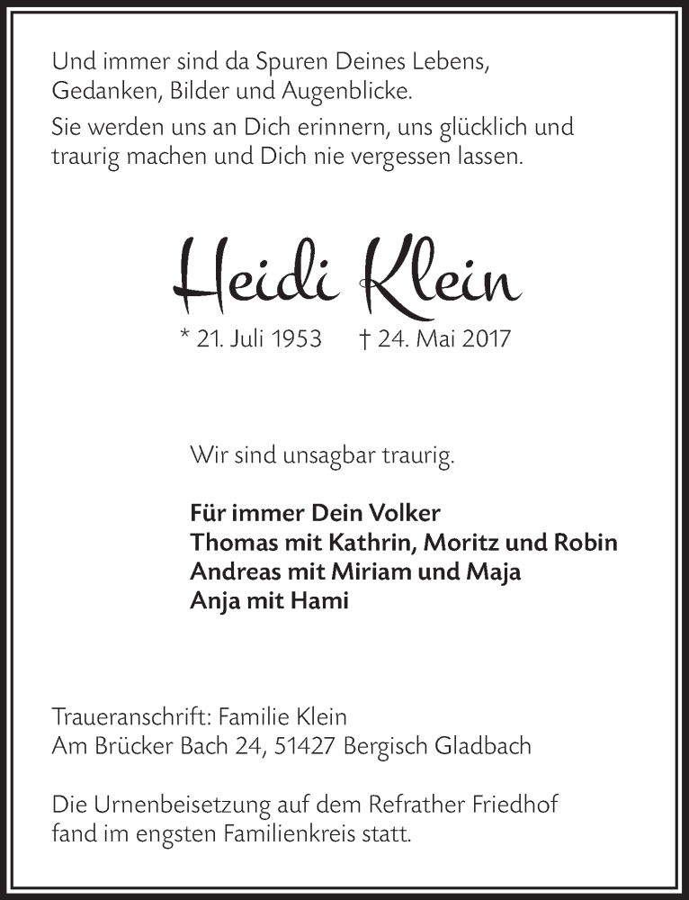  Traueranzeige für Heidi Klein vom 05.07.2017 aus  Bergisches Handelsblatt 