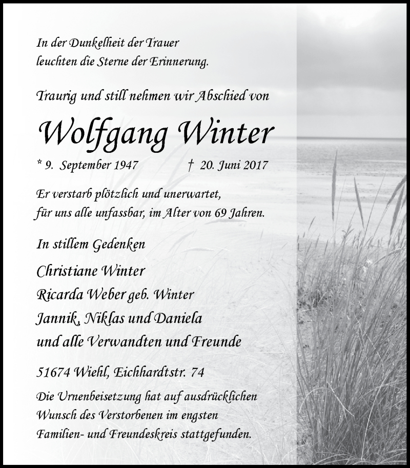  Traueranzeige für Wolfgang Winter vom 12.07.2017 aus  Anzeigen Echo 