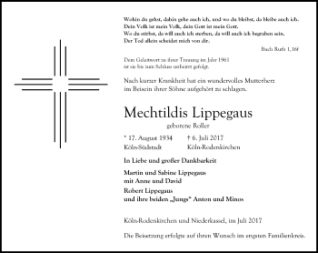 Anzeige von Mechtildis Lippegaus von Kölner Stadt-Anzeiger / Kölnische Rundschau / Express
