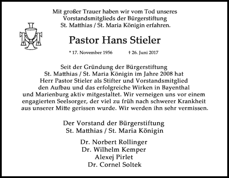  Traueranzeige für Hans Stieler vom 06.07.2017 aus Kölner Stadt-Anzeiger / Kölnische Rundschau / Express